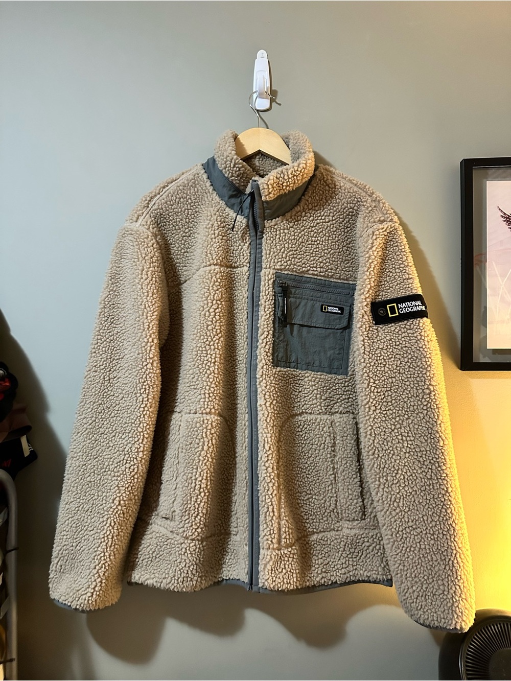 National Geographic Beige Sherpa Fleece Jacket with Gray Trim